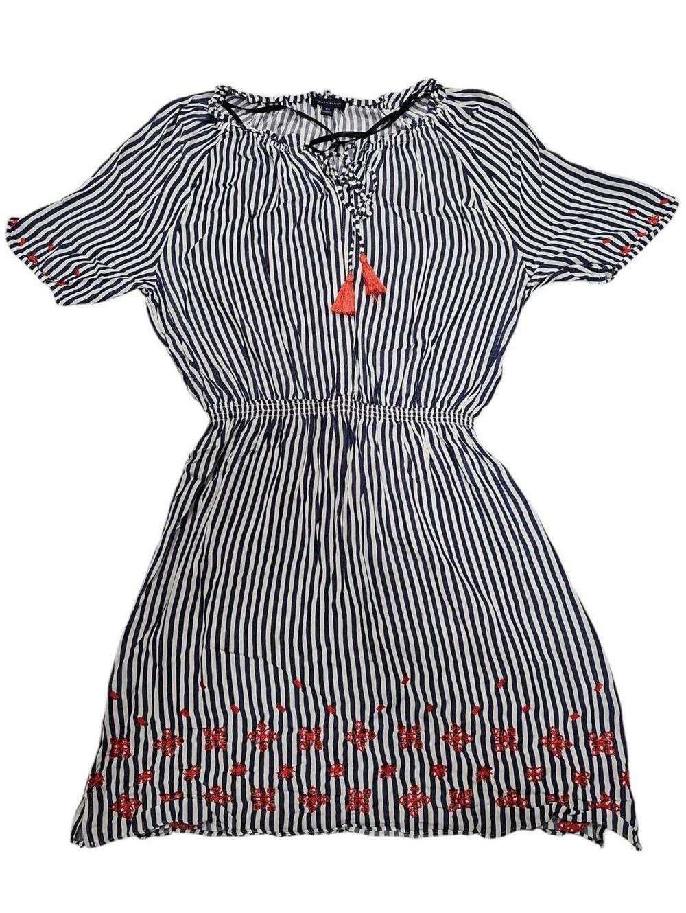 Tommy Hilfiger Striped Dress L – Hidden Buttons, Embroidery, Preloved 100% Rayon